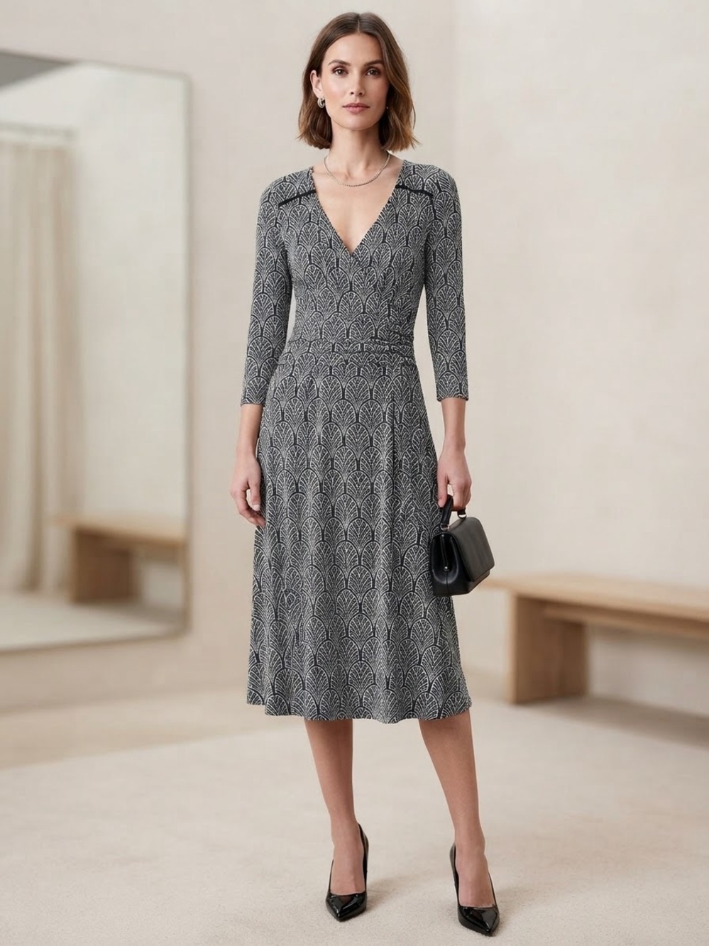 Maeve Black and Cream V-Neck Printed Midi Dress